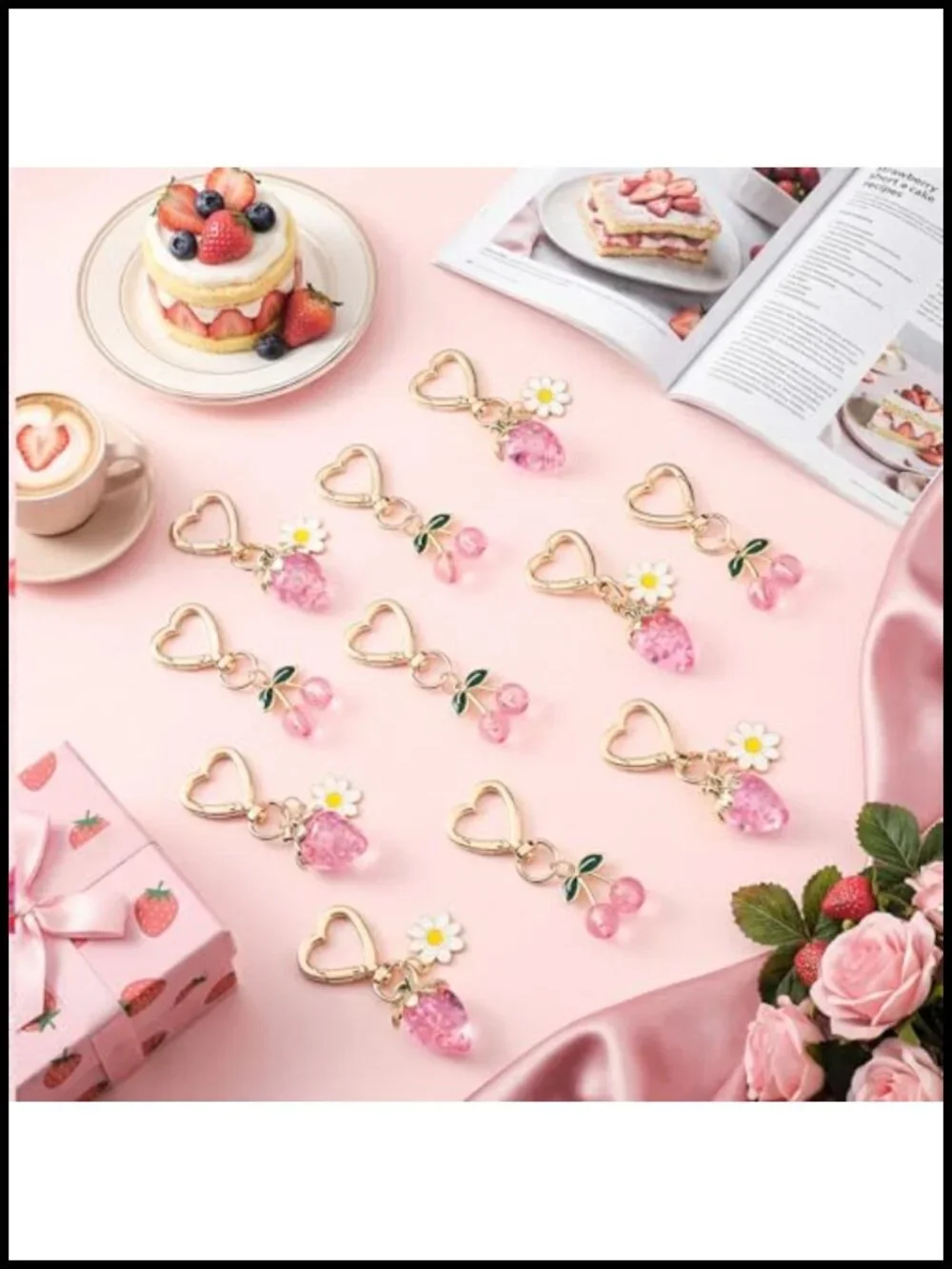 12 Pcs Fruit Charms Keychains Kawaii Cherry Strawberry Bag Decor for Women Purse